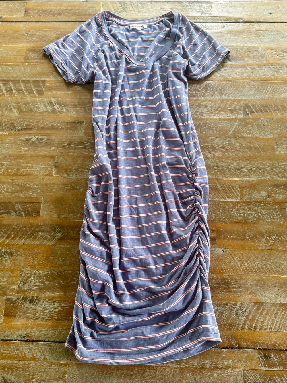 Anthropologie Sundry Blue and white Striped Ruched Side Dress